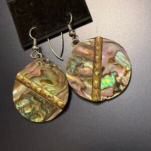 Vintage Mixed Metal Abalone Shell Flat Disc Earrings